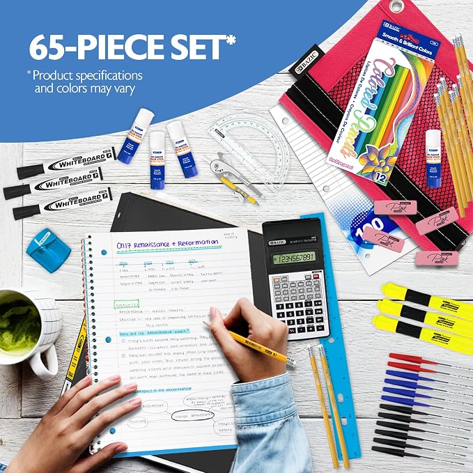 BAZIC PRODUCTS Middle and High School Supplies Kit, 65 Pieces, Grades 7-12, Compass Calculator Notebooks Pencils Pens Highlighters, Prepacked