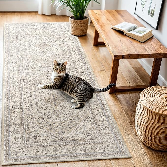 3x6 Runner Rug for Hallway Washable: Non Slip Kitchen Rugs with Rubber Backing Soft Waterproof Wide Mats Stain Resistant Low Pile Carpet for Entryway Bedroom Bathroom Laundry Home Decor Beige/Gray