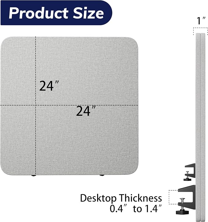 Desk Privacy Panel 24 x 24 Inch, Sound Absorbing & Proof Desk Divider for Office, Clamp-on/Screw-on Acoustic Desk Back Panel Partition, Gray