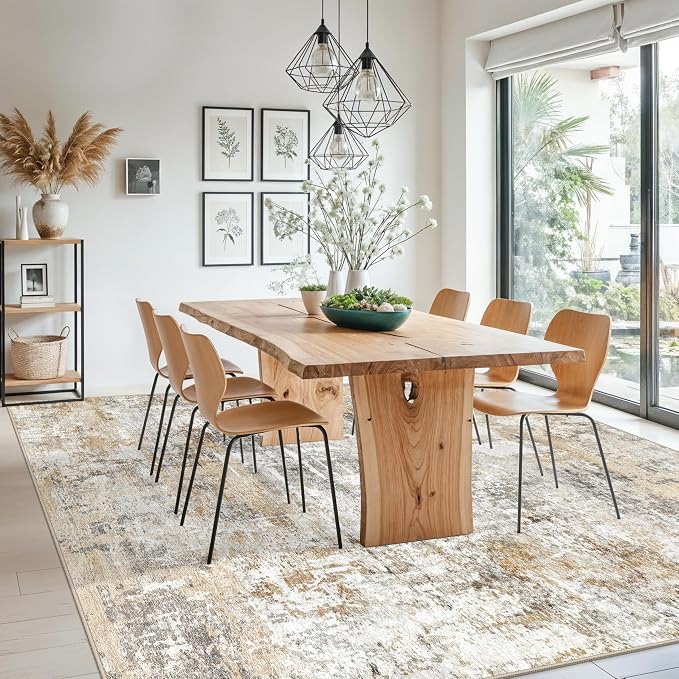 10x10 ft Square Living Room Rug – Washable Modern Abstract Area Rug for Bedroom, Dining Room, Playroom – Neutral Non-Slip Low-Pile Thin Indoor Carpet (Gold Grey)