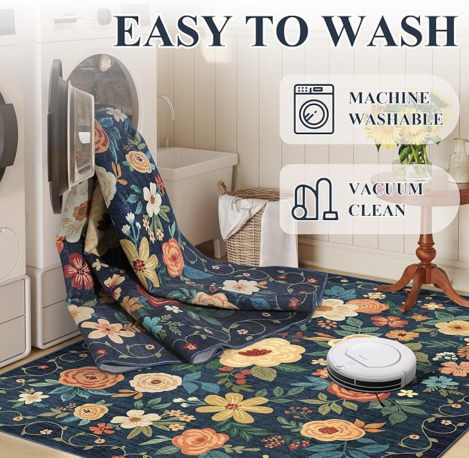 DUKINO 3x12 Washable Runner Rug, Non Slip Soft Floral Hallway Runner Rug with Non Shedding Design, Low Pile Loog Floor Carpet for Kitchen, Hallway, Bathroom, Entryway, Laundry, Navy Blue