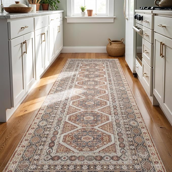 3x8 Runner Rug Kitchen Washable: Oriental Indoor Hallway Runners with Non Slip Backing Floor Mat for Entryway Door Low Pile Thin Carpet for Bedroom Bathroom Living Room Bedside Brick