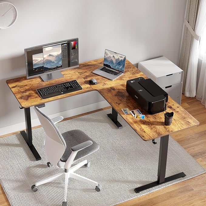FEZIBO 63" x 55"L Shaped Standing Desk Adjustable Height, Electric Stand up Corner Computer Desk, Sit Stand Home Office Desk with Splice Board, Vintage-Brown