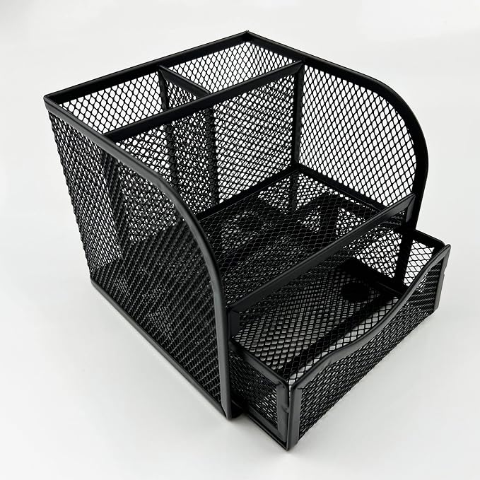 Fengtaiyuan T11, Black Square Metal Wire Mesh Pencil Holder, Pencil Cup, Pen Holder, Desktop Organizer, Office Storage Box (T11)