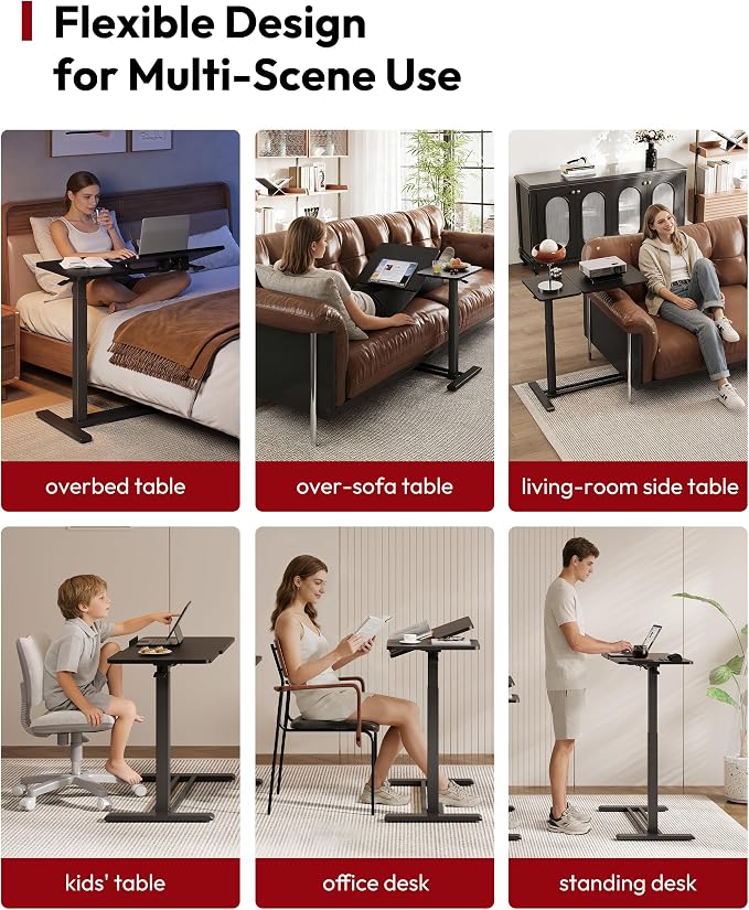 SANODESK 32''Overbed Table Gas Spring Lifting with Wheels&Tilting Desktop | Rolling Mobile Laptop Desk End Table,Portable Computer Workstation for Home Office,Sofa,Bedside,31.5" W x 17.7" D, Black