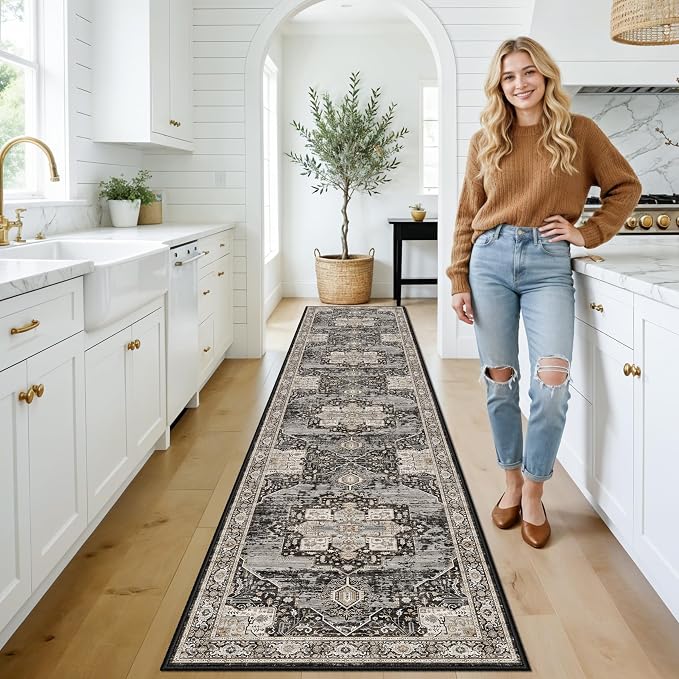 Washable Hallway Runner Rug 2x10 - Stain Resistant Kitchen Rugs with Non Slip Backing Soft Low Pile Carpet for Bedroom Laundry Entryway Ultra-Thin Vintage Home Decor Floor Mat for Bathroom 2X10 Black