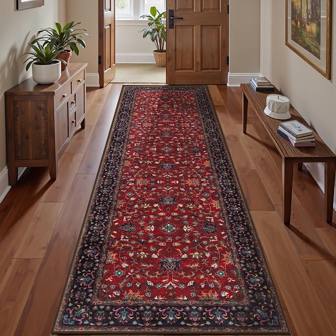Tangsoo 2.6x8 Washable Runner Rug for Hallways, Non Slip Vintage Floral Runner Rug, Soft Low Pile Long Rug Runner, Print Red Carpet Runners for Kitchen Bedroom Entryway Bathroom Living Room