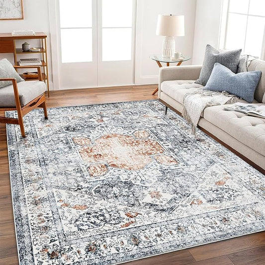 Area Rug 9x12 Washable Orange Gray Vintage Traditional Mat Distressed Indoor Foldable Thin Retro Accent Floral Print Rug Non Slip Carpet Living Room Dining Room Office