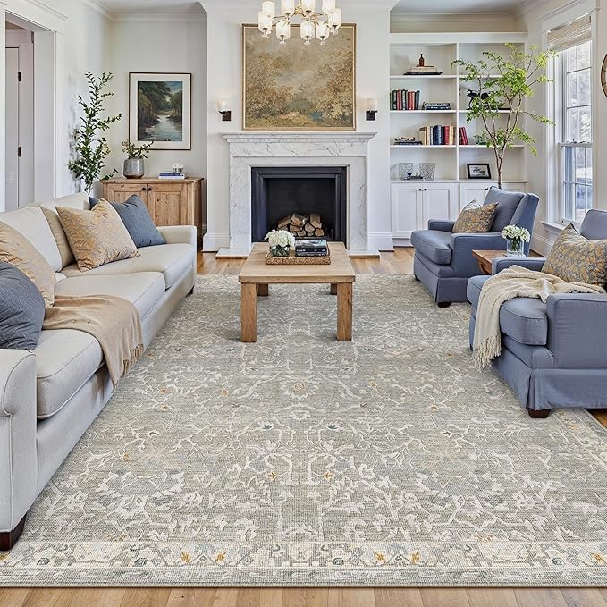 HUGEAR Area Rug 6x9 Retro Grey Machine Washable Living Room Rugs Distressed Vintage Floral Vacuumable Low Pile Carpet Bedroom Office Dining Room Laundry Room Non Slip Soft Lightweight