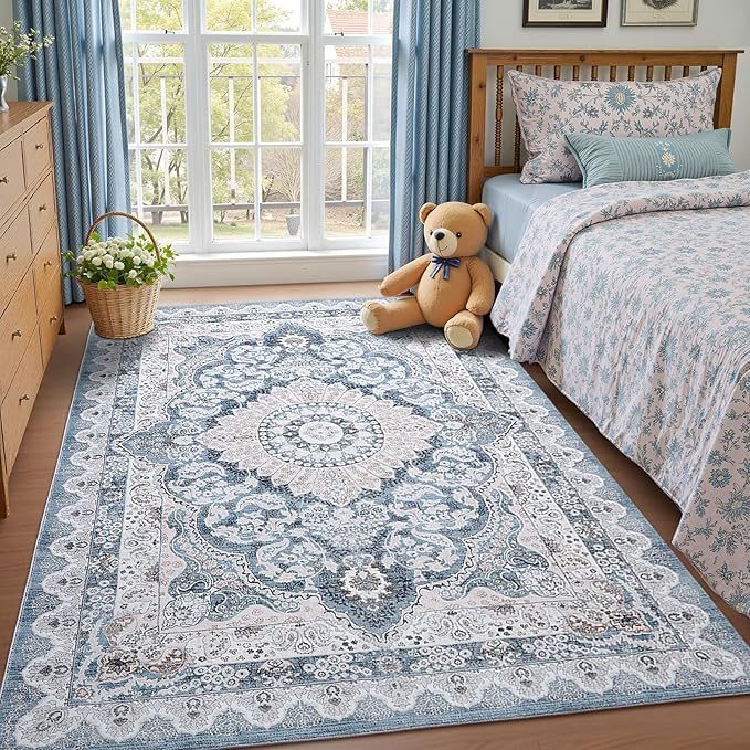 Macgace 5x7 Area Rug for Bedroom, Machine Washable Rugs with Non-Slip Backing for Living Room, Soft Vintage Carpet Kitchen Laundry Kids Room Decor, Blue & Beige
