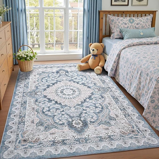 Macgace 5x7 Area Rug for Bedroom, Machine Washable Rugs with Non-Slip Backing for Living Room, Soft Vintage Carpet Kitchen Laundry Kids Room Decor, Blue & Beige