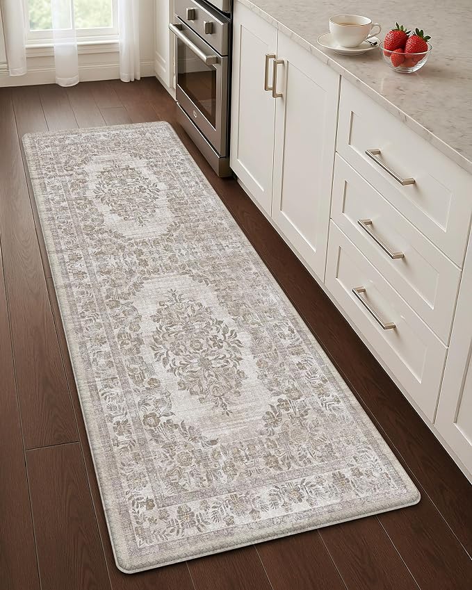 Color&Geometry Kitchen Floor Mat 24x59 Faded Vintage Anti Fatigue, Khaki | 0.4in Cushion Standing Mat For Cooking/Working/Laundry, Boho Decor, Non Slip PVC Kitchen Rug, Oil/Water Proof, Anti Slip