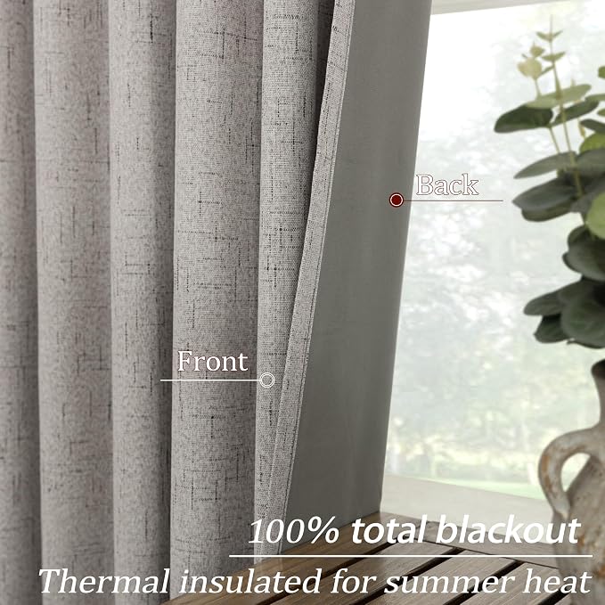 KOUFALL Light Grey Taupe Blackout Curtains for Bedroom 96 Inches Long 2 Panel Set,Warm Gray Linen Textured Back Tab Black Out Pleated Curtains Drapes for Living Room
