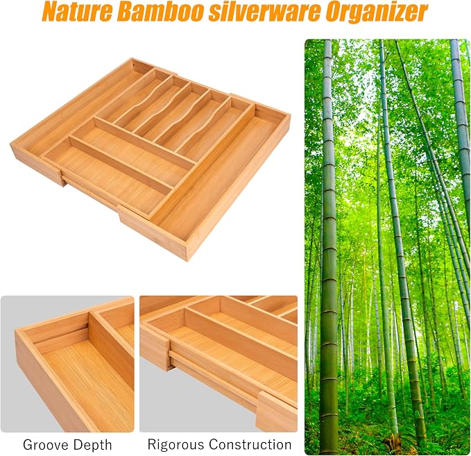 Large Premium Bamboo Silverware Organizer - Expandable Utensil Drawer Organizer - 17"x19.6" Utensil Holder and Cutlery Tray with Grooved for Kitchen Flatware and Utensils Mother's Day Gift