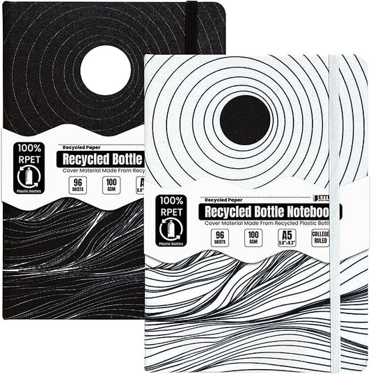 Better Office Products Recycled Plastic Bottle Notebook Journal, 8.3" x 5.8" (A5), 192 College Ruled Pages, Hardcover, Inner Pocket, Banded, Cover Made of Plastic Bottles (2, Black + White)