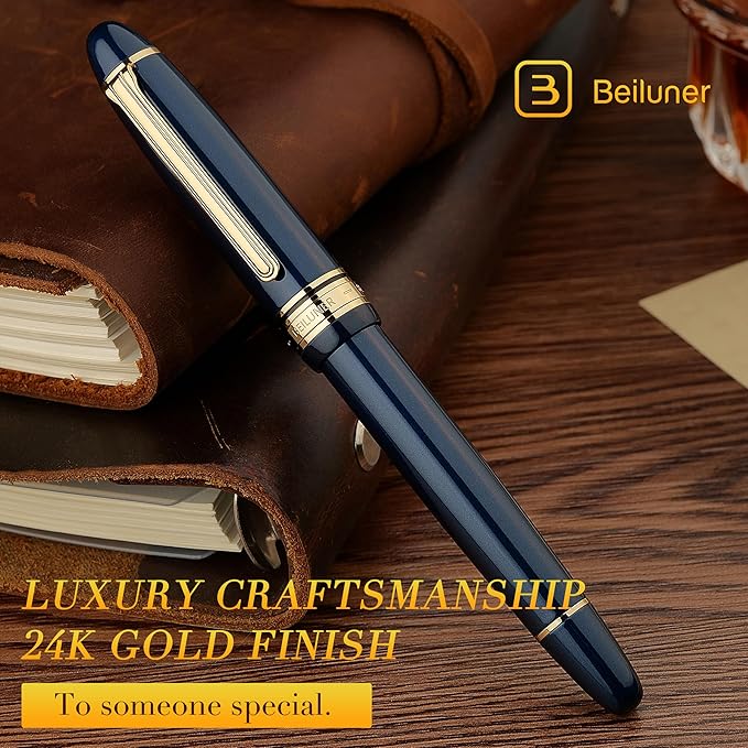 BEILUNER 319 Piano Blue Lacquer Rollerball - Stunning Luxury Pen with 24K Gold, Heavy, Schneider Black Ink Refill, Best Gift Set for Men & Women, Professional, Executive Office, Fancy Classic Pens