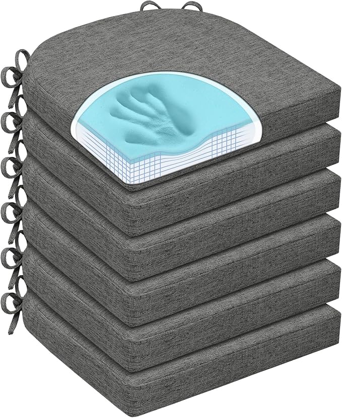 Chair Cushions for Dining Chairs, Non Slip Chair Pads with Ties and Washable Covers, Memory Foam Kitchen Chair Cushions Set of 6, 16"X16"X2.5", Dark Gray