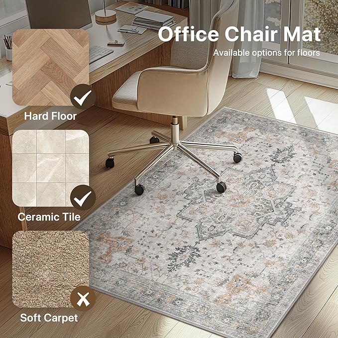 Office Chair Mat for Hardwood Tile Floor, Under Desk Carpet Protector for Rolling Computer Chair Mat, Round Washable Rugs 5ft Circle Area Rug, Anti-Slip 1/5" Thick Low Pile Thin Floor Mat, Taupe