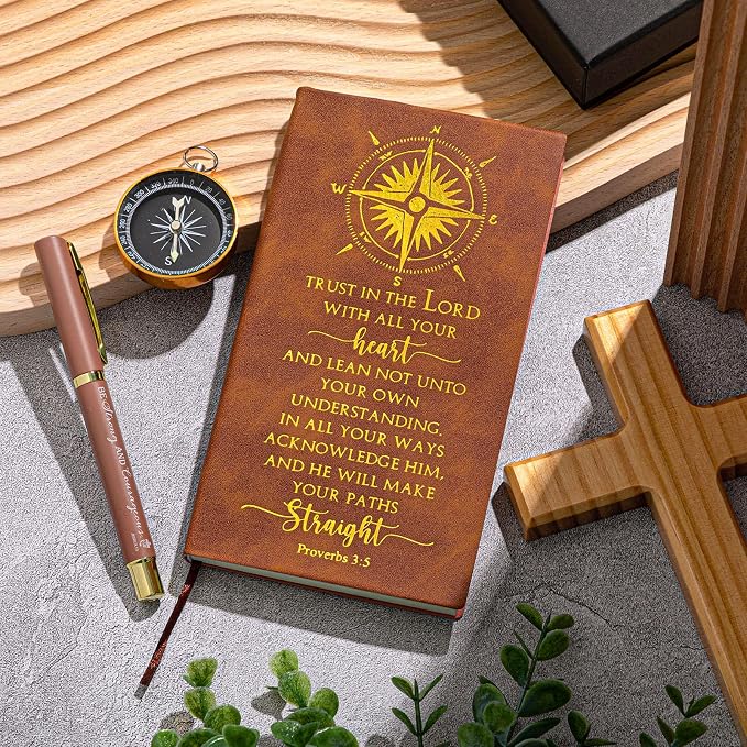 Fuyoooo 4 Pcs Baptism Gift Set for Men First Communion Gift Include Christian Journal Bible Notebook Engraved Compass and Religious Catholic Pen for Church Pastors
