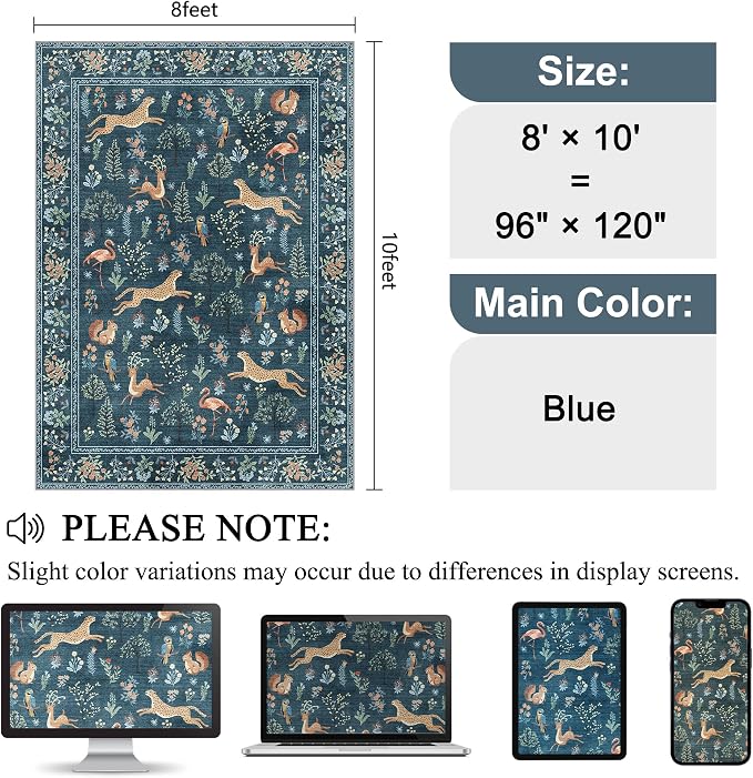 DUKINO 8x10 Rug, Washable Animal Living Room Rug with Non Slip Vintage Design, Soft Low Pile Large Carpet for Bedroom, Nursery, Dining Room, Farmhouse, Playroom, Blue