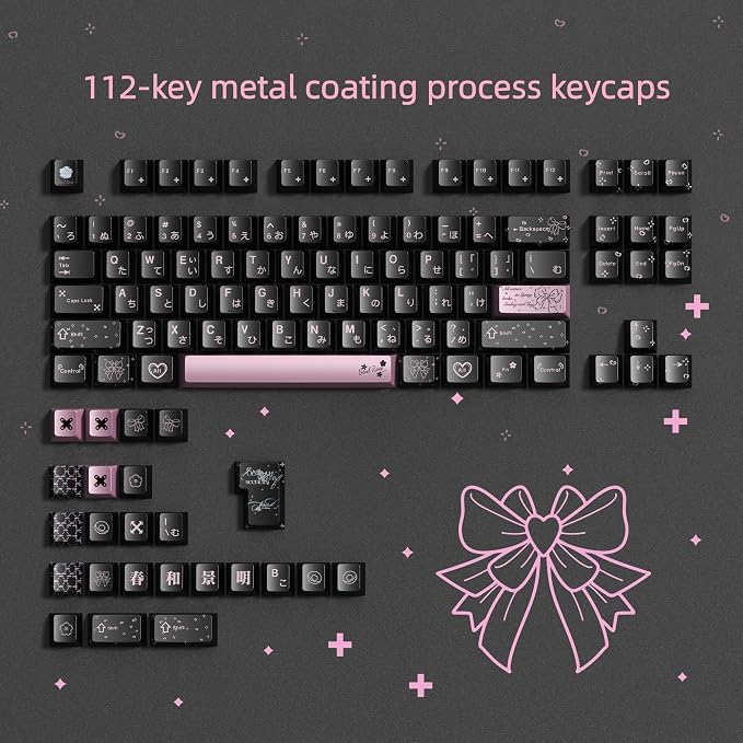 dagaladoo Keyboard keycaps Set, Double Shot PBT keycaps,dye-sub Cherry Profile Custom Key caps 60 65 75 Percent for Cherry-mx 61/66/75/80/87 Retro Mechanical Keyboard,Black/Pink Metal Coating