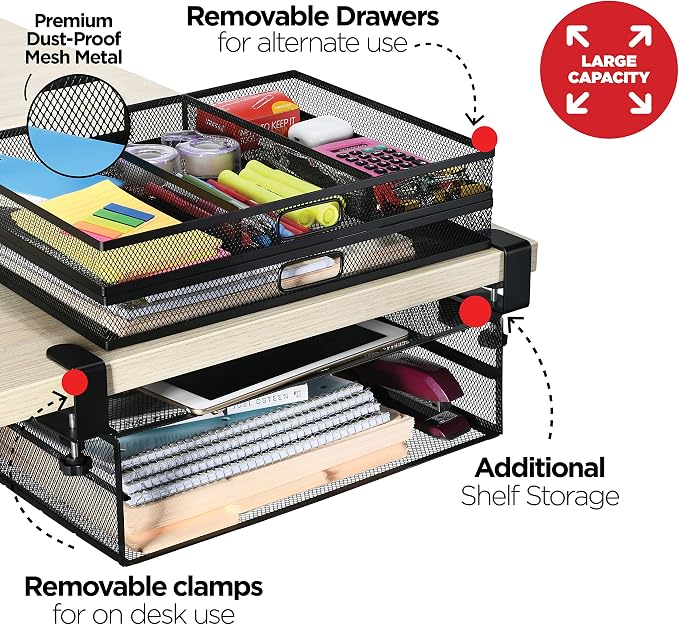 Homeify Under Desk Drawer Organizer Clamp-On, Mesh Metal Drawer Attachment, 2 Drawer Slide Out, On Or Under Desk Organizer For Office Supplies & Home Essentials (2 Drawers)