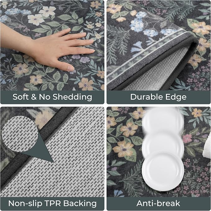 GRANNY SAYS Boho Kitchen Rug Sets of 3, Non Slip Washable Faux Wool Kitchen Mats for Floor, Thick Soft Anti-Fatigue Comfort Standing Mat Runner Rugs for Hallway Laundry Room, Black Flower