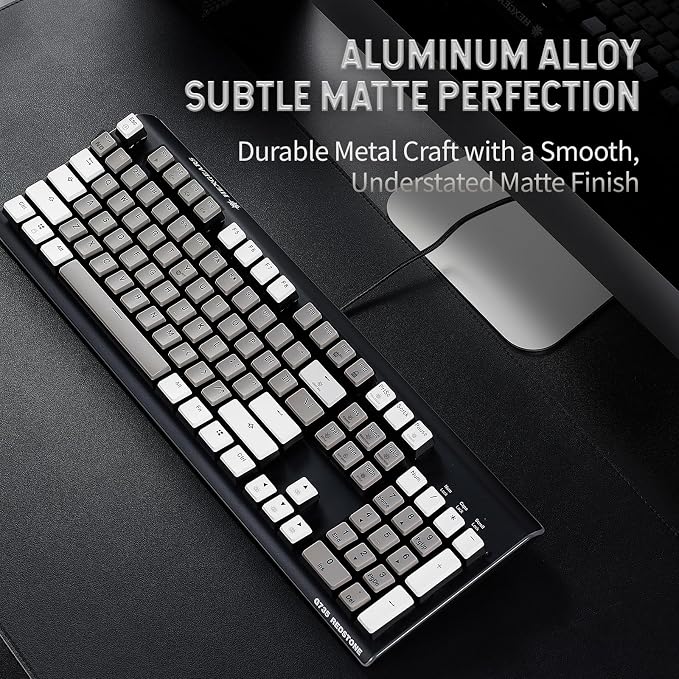 Hexgears GK735 Wired Full Size Mechanical Keyboard, Aluminum Housing Built for Gamers w/Kailh Box White Switch, White Backlit + Surrounded by RGB Light Strip, 104 Keys Gaming Keyboard for PC/Mac