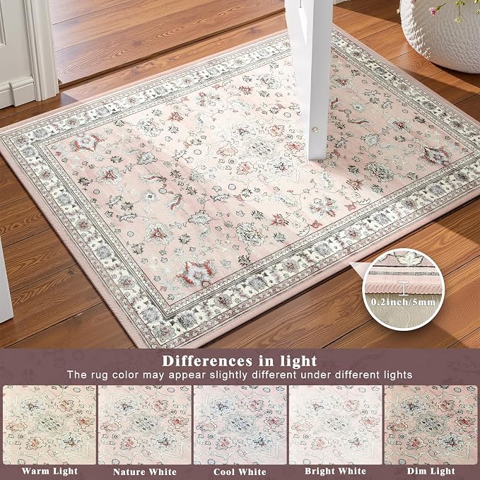 Light Pink 2x3 Washable Entryway Rug, Small Boho Non Slip Area Rugs, Vintage Floral Throw Door Mat, Aesthetic Low Pile Carpet for Kitchen Indoor Farmhouse Entrance Bedroom