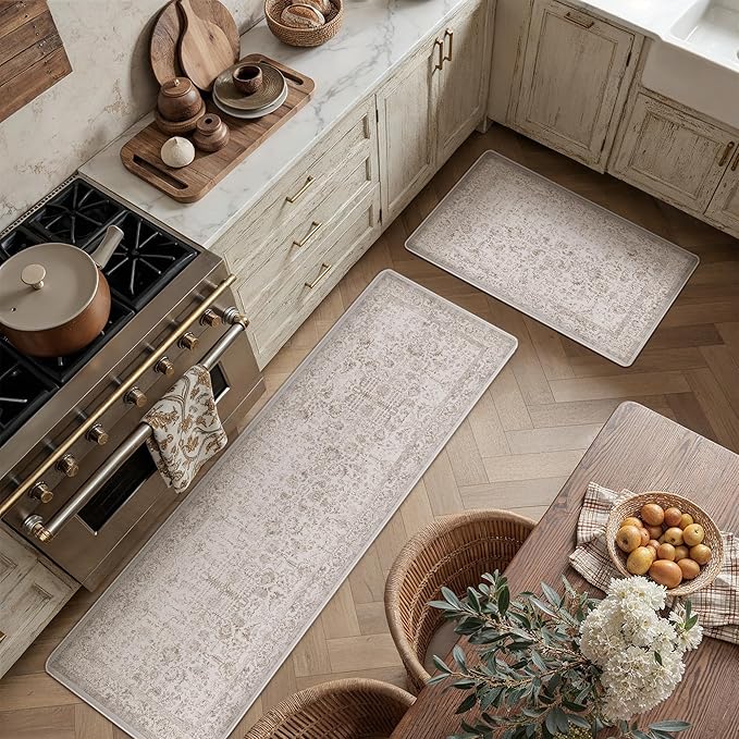 Kitchen Mats 2PCS Anti Fatigue Cushioned Mat Light Brown Vintage Kitchen Mats for Floor Waterproof Non Slip Comfort Standing Retro Floral Rug for Sink Laundry Office 17.3"x59"+17.3"x30"