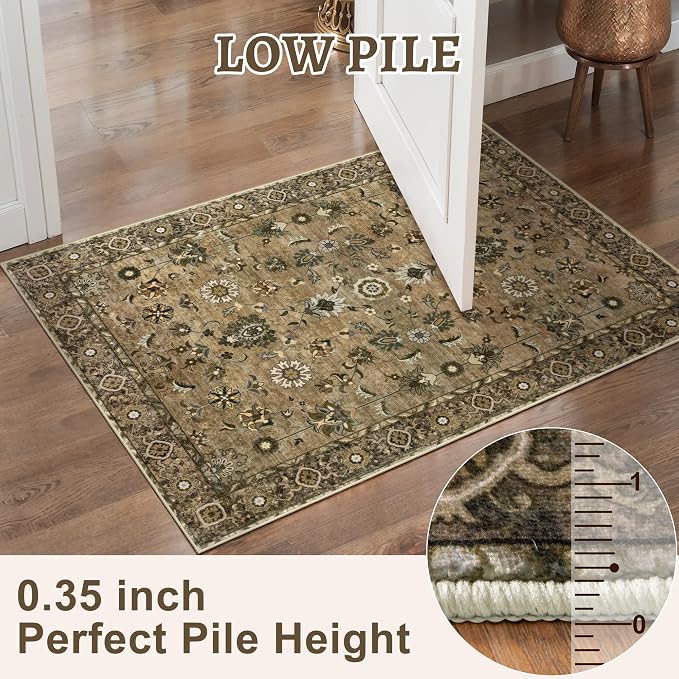 Tangsoo Brown 3x10 Runner Rug for Hallway Long Washable Hallway Runner Rugs, Non Slip Vintage Soft Low Pile Rug Runner, Indoor 8ft Carpet Runners for Kitchen Bedroom Entryway Living Room