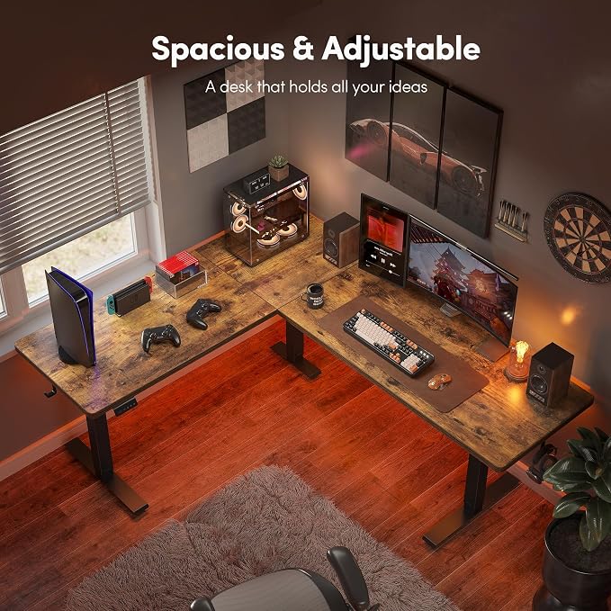CubiCubi L Shaped Standing Desk 75 x 63 Inch Adjustable Height, Electric Corner Desk, Sit Stand Home Office Desk with Splice Board, Rustic Brown（2 Packages