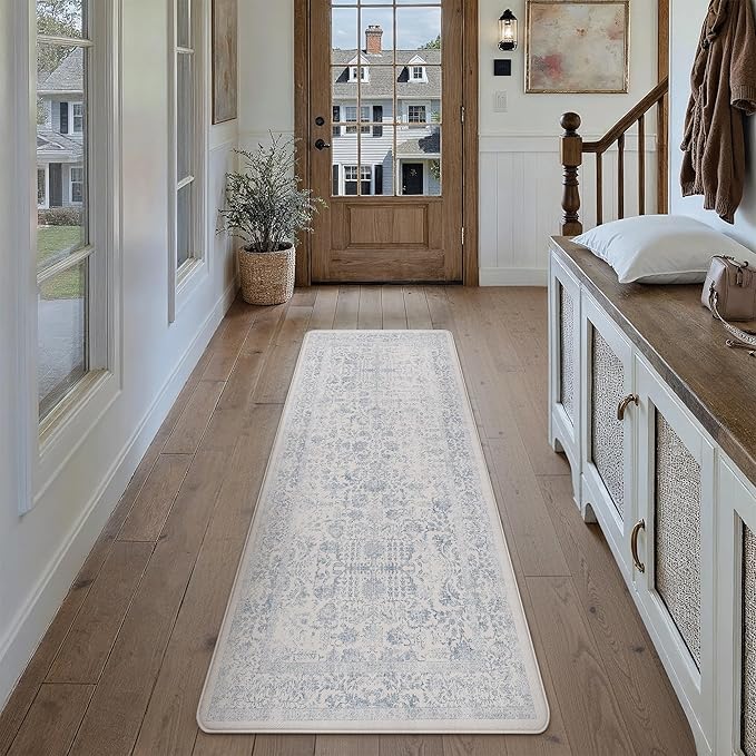 Kitchen Mats 2PCS Anti Fatigue Cushioned Mat Light Blue Vintage Kitchen Mats for Floor Waterproof Non Slip Comfort Standing Retro Floral Rug for Sink Laundry Office 17.3"x59"+17.3"x30"