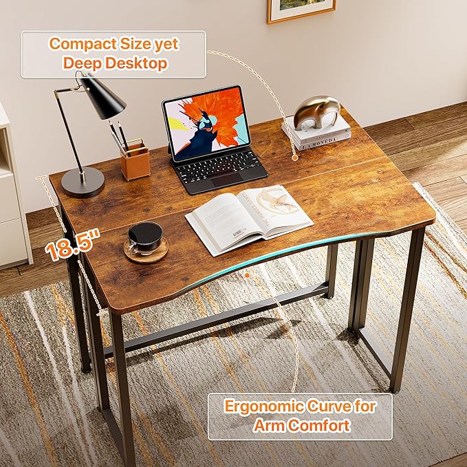 Huuger Folding Desk with Storage Shelf, 31.5 Inch Foldable Computer Table for Small Spaces, Space Saving Sofa Table for Couch, Writing Work Office Computer Desk, Easy to Fold, Rustic Brown