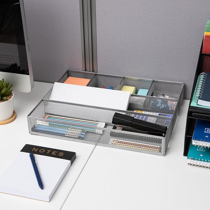 Mind Reader 6-Compartment Drawer Organizer, Metal Mesh Desk Organizer for Office, Kitchen, Utensils, Supplies, Set of 2, Silver