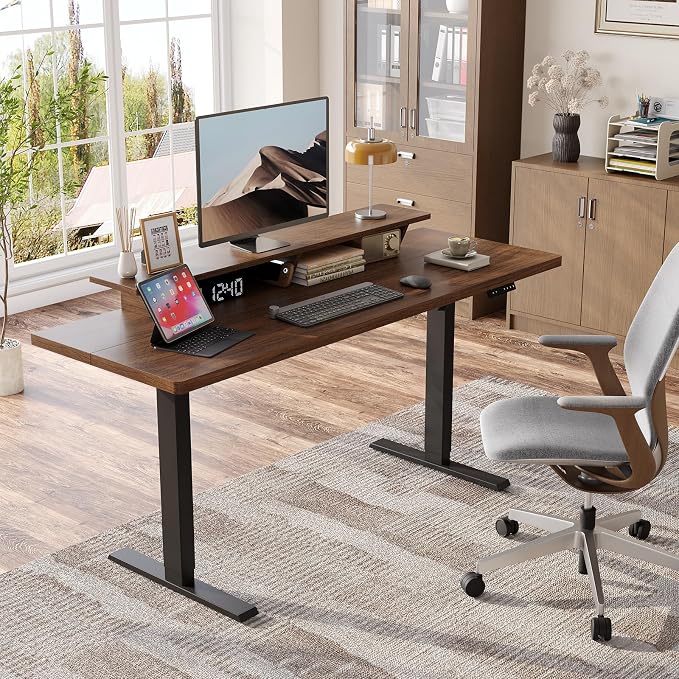 55 x 24 Inches Electric Standing Up Desk with Monitor Shelves,Height Adjustable Computer Desk from 28-46''with Memory Controller,Modern Home Office Desk for Work,Study,Walnut