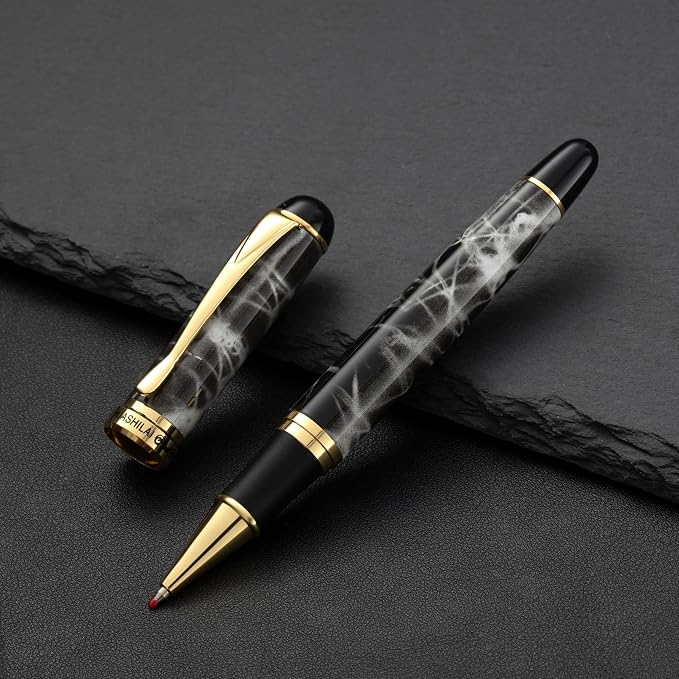 Luxury Metal Rollerball Pen Set – Stainless Steel Barrel, Cool Fine Point Pen with Gift Box & 2 Extra Refills – Premium Business & Signature Pens for Men & Women (Grey)