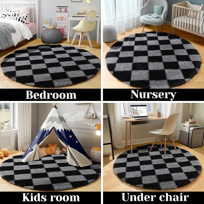 KICMOR Round Rugs 6ft Black and Grey Circle Area Rug, Fluffy Soft Fuzzy Shag Shaggy Bedroom Living Room Carpet, Indoor Checkered Circular Rug for Teen Kids Boys Girls Home Decor Aesthetic, Nursery