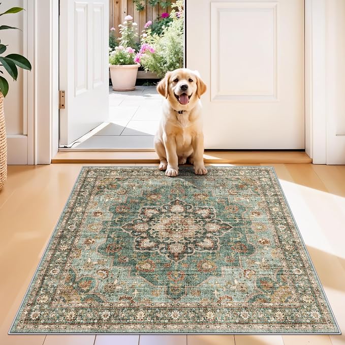 TOPRUUG Green Washable Entry Rug - 3x3 Area Rugs for Kitchen Bedroom Bedside Bathroom Entryway Non Slip with Rubber Backing Low Pile Ultra Soft Stain Resistant Small Carpet (Green, 3x3)
