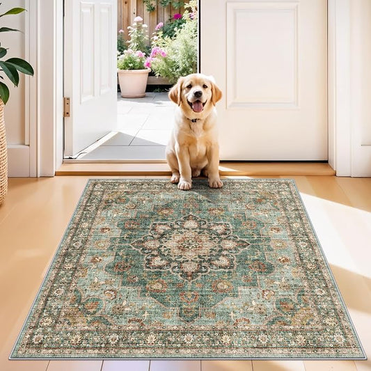 TOPRUUG Green Washable Entry Rug - 3x3 Area Rugs for Kitchen Bedroom Bedside Bathroom Entryway Non Slip with Rubber Backing Low Pile Ultra Soft Stain Resistant Small Carpet (Green, 3x3)