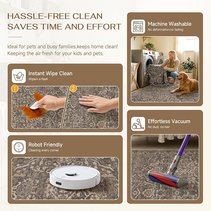 HUGEAR Area Rug 5x7 Retro Brown Machine Washable Living Room Rugs Distressed Vintage Floral Vacuumable Low Pile Carpet Bedroom Office Dining Room Laundry Room Non Slip Soft Lightweight