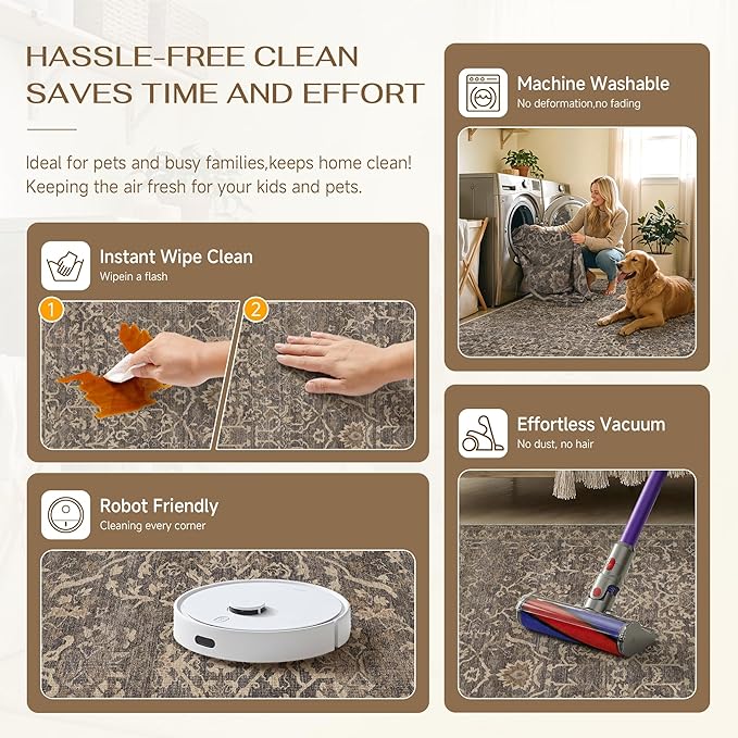 HUGEAR Area Rug 6x9 Retro Brown Machine Washable Living Room Rugs Distressed Vintage Floral Vacuumable Low Pile Carpet Bedroom Office Dining Room Laundry Room Non Slip Soft Lightweight