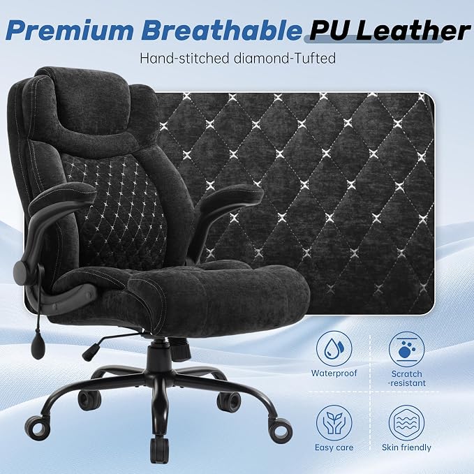 550LBS Big and Tall Office Chair, Comfy Heavy Duty Executive Chair with Adjustable Lumbar Support Double Spaces Casters, Fabric Extra Wide Seat Ergonomic Computer Desk Chair for Back Pain,Blackcloth