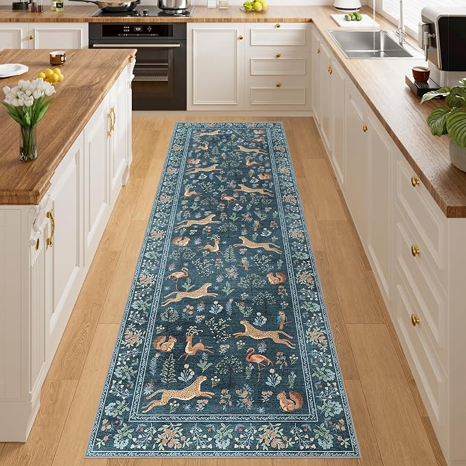 DUKINO 2.6x8 Rug for Hallway, Washable Kitchen Runner Rug with Non Slip Backing, Soft Low Pile Vintage Animal Runner for Bedroom, Kitchen, Hallway, Entryway, Laundry, Blue