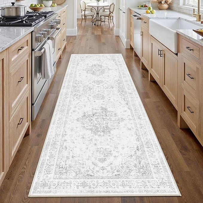 2.6x8 Gray Vintage Runner Rug Hallway Washable Area Rugs Non Slip Boho Medallion Long Rug Distressed Retro Carpet Floral Soft Low Pile Indoor Throw Rug for Kitchen Bedroom Bathroom Dining Room Office