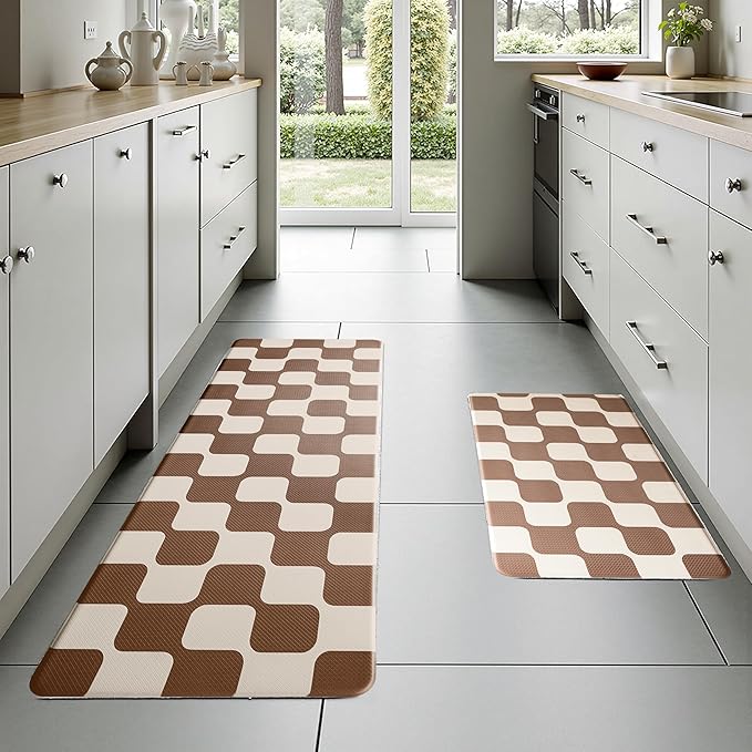 Khaki Beige Retro Curvy Checkered Grid Checkerboard Kitchen Rug Sets [2 PCs], Anti-Fatigue, Waterproof Non-Slip Kitchen Mats Heavy Duty Comfort Foam Rug for Floor, Home, Laundry,17"x29"+17"x47"