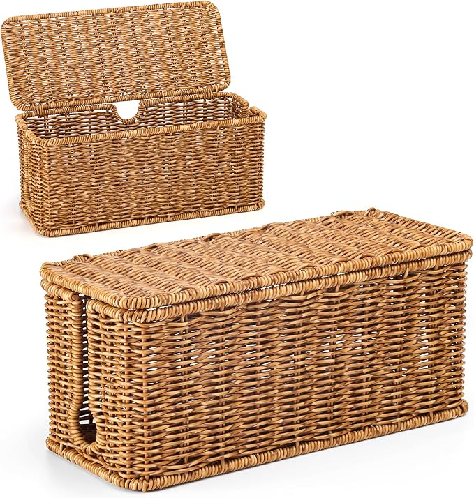 ZhiYo Rattan Cable Management Box, Speckled Brown, 12.5" x 5" x 5.2" | Handwoven imitation rattan cord organizer box conceals power strips and cables for a clean desk or floor setup