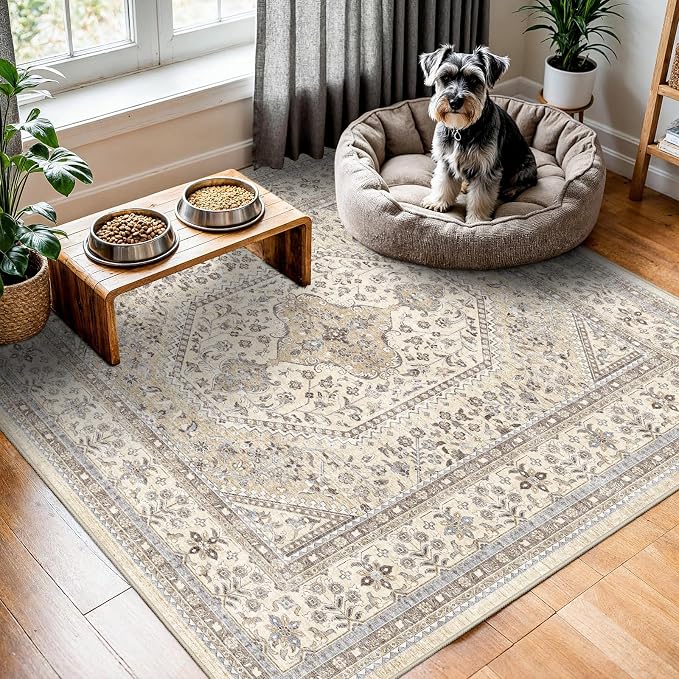 5X5 Square Rug for Living Room - Washable Kitchen Area Rug with Non Slip Rubber Backing for Bedroom Indoor Soft Stain Resistant Carpet Desk Rug for Pet-Friendly and Kitchen Decor Beige/Gray