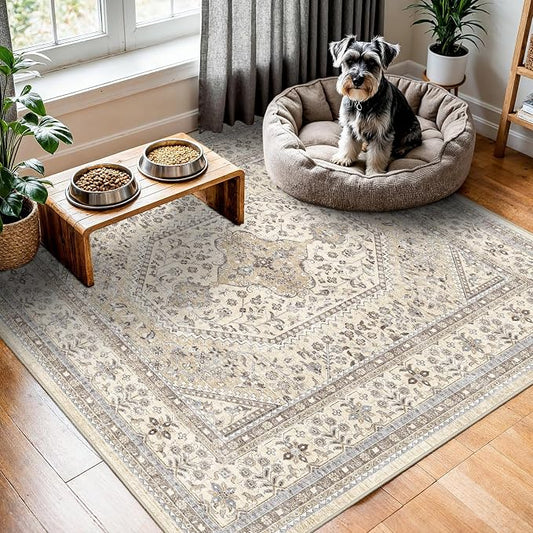 5X5 Square Rug for Living Room - Washable Kitchen Area Rug with Non Slip Rubber Backing for Bedroom Indoor Soft Stain Resistant Carpet Desk Rug for Pet-Friendly and Kitchen Decor Beige/Gray