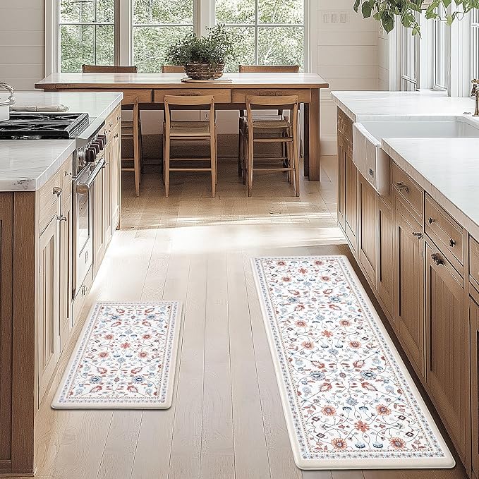 FRESHMINT Vintage Floral Kitchen Mats 2 Piece, 17x30''+17x47'', Beige | Anti-Fatigue, Non Slip, Comfort, Kitchen Decor, Easy to Clean, Waterproof, Perfect for Kitchen, Laundry, Office
